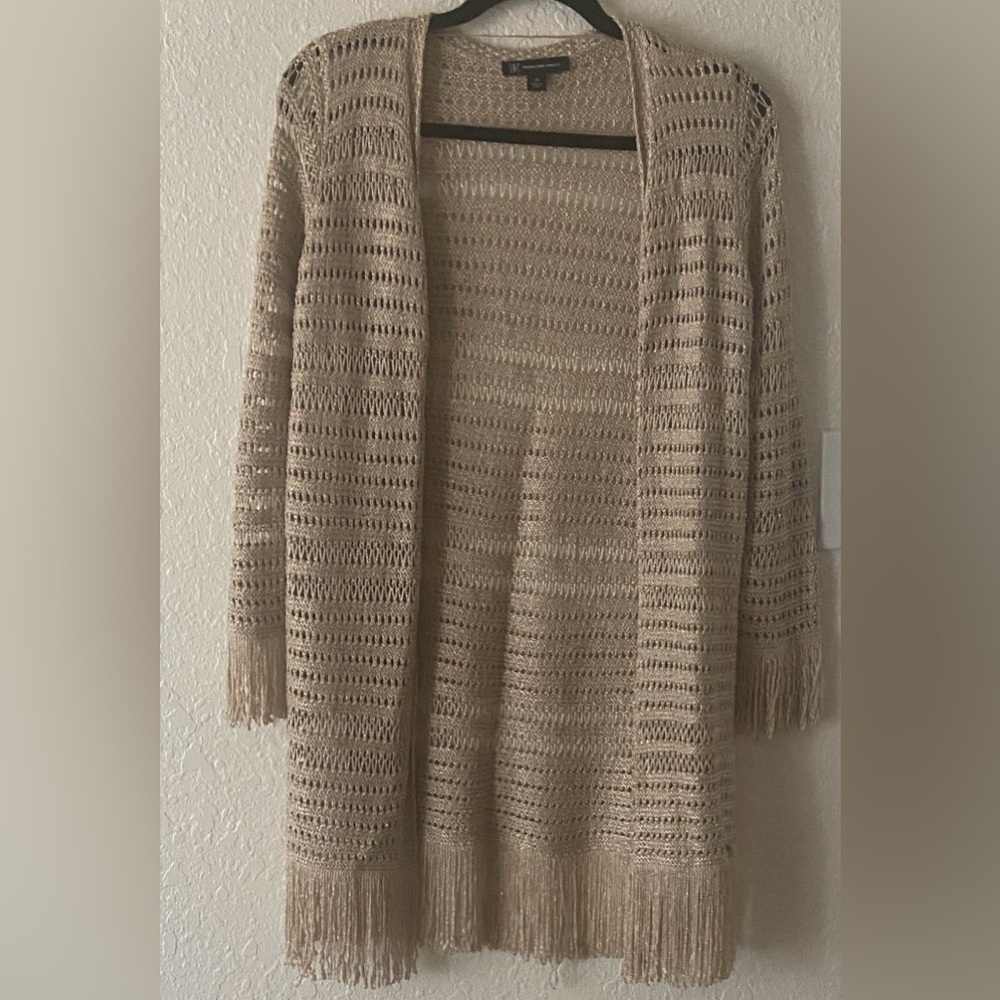 INC International Concepts Tan Open-Knit Cardigan with Fringe